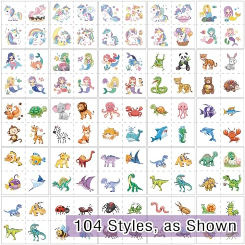 104 Pcs Kids Temporary Tattoos For Kids Boys Girls Party Favors