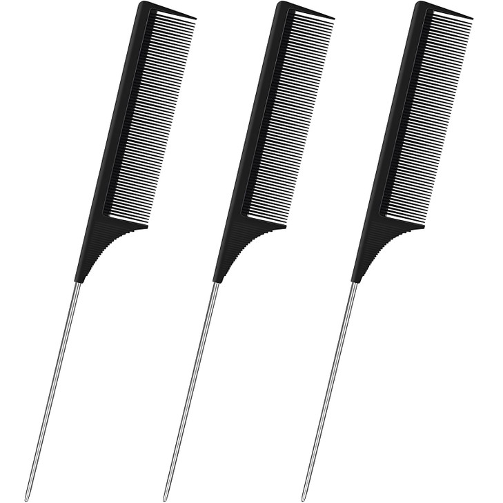 3 Pack Hair Rat Tail Combs Set Parting Rattail Teasing Fine Tooth Comb Metal Hair Pick Detangling Heat Resistant Carbon Fiber Teasing Comb