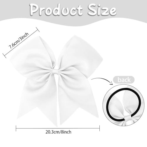 2 Pcs Large White Hair Bows For Cheerleaders 8 Cheer Bows With Ponytail Holder Elastic Band