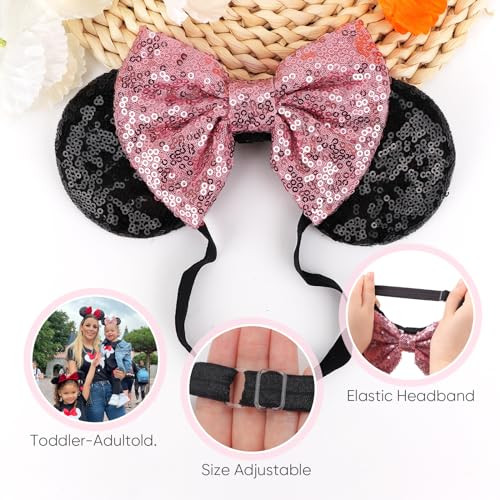 Dreshow Minnie Ears Headbands Mouse Ears Sequin Bow Headbands Elastic Adjustable Headband Glitter Party Decoration Cosplay Costume For Women