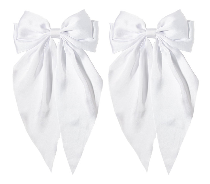 White Hair Bow For Women Furling Pompoms Pack Of 2 Satin Big White Bow Hair Clip For Girls Long Ribbon Alligator Clip Hair Barrettes For
