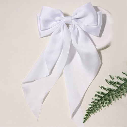 White Hair Bow For Women Furling Pompoms Pack Of 2 Satin Big White Bow Hair Clip For Girls Long Ribbon Alligator Clip Hair Barrettes For