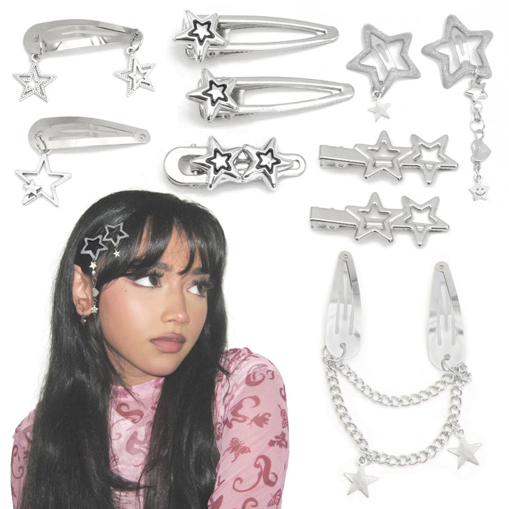 Yaeism 10Pcs Star Hair Clips Y2K Silver Hair Clips Metal Star Barrettes 8 Shapes Pentagram Hair Snap Clips Punk Kawaii 2000S Hair
