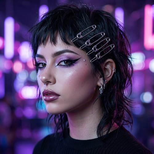 Hfzrzfh 12 Pack Safety Pin Hair Clip 2 Inch Goth Hair Accessories Silver Metal Hair Clips Y2K For Women Alt Punk Grunge Rave Cute Barrettes