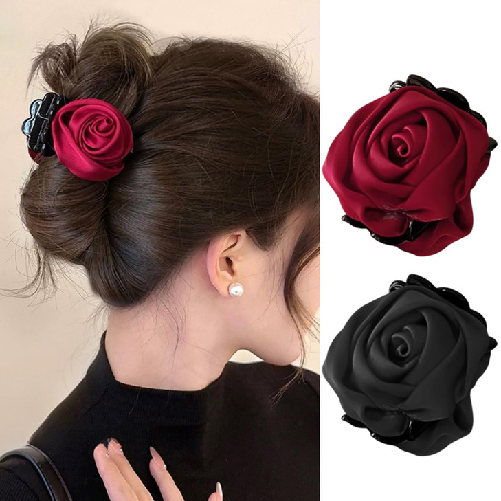 2 Pcs Retro Satin Rose Hair Claw Clip For Women Rose Flower Nonslip Jaw Clips Floral High Ponytail Hold Strong Clamps Thick Thin Hairpins