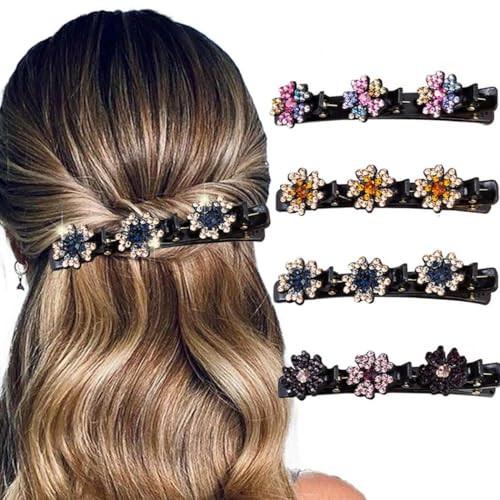 Outyua Sparkling Crystal Stone Braided Hair Clips For Women Rhinestone Braided Duckbill Hairpin 4Pcs
