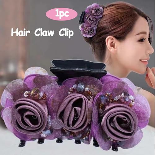 Asggbah 1Pc Large Hair Claw Clips With Rose Flowers Plastic Hair Claws Jaw Barrettes Big Floral Hair Bows Fancy Hair Grips Clamps Bun Thick
