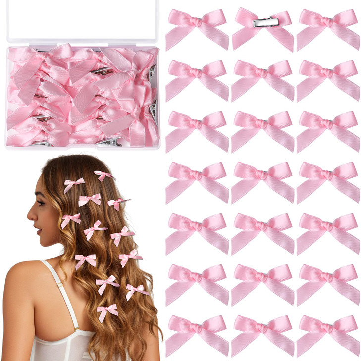 Ygdz Pink Mini Bows 20Pcs Ribbon Hair Clips Barrettes With Box Small Bow For Hair Cute Bowknot Hair Accessories For Women Girls