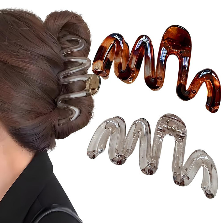 2Pcs Wavy Claw Clip Large Hair Clips For Women Amber Brown Big Claw Clips Tortoise Shell Hair Clip Plastic Waves Hair Claw Clips For Thick