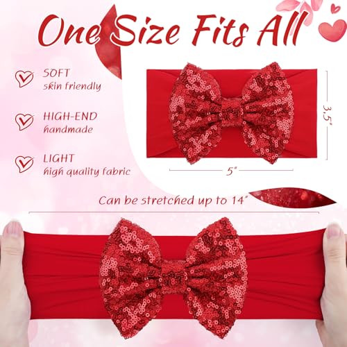 Lanmerry Valentines Day Pink Bows For Girls Sequins Large Bows Red Headband Toddler Glitter Hair Bow Hair Accessories Pink Headband Bows