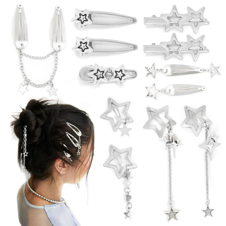 12Pcs Y2K Star Hair Clips Metal Punk Hair Barrettes Kawaii 2000S Hair Snap Clips 10 Styles Silver Pentagram Hair Accessories For Women