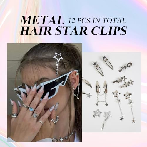 12Pcs Y2K Star Hair Clips Metal Punk Hair Barrettes Kawaii 2000S Hair Snap Clips 10 Styles Silver Pentagram Hair Accessories For Women