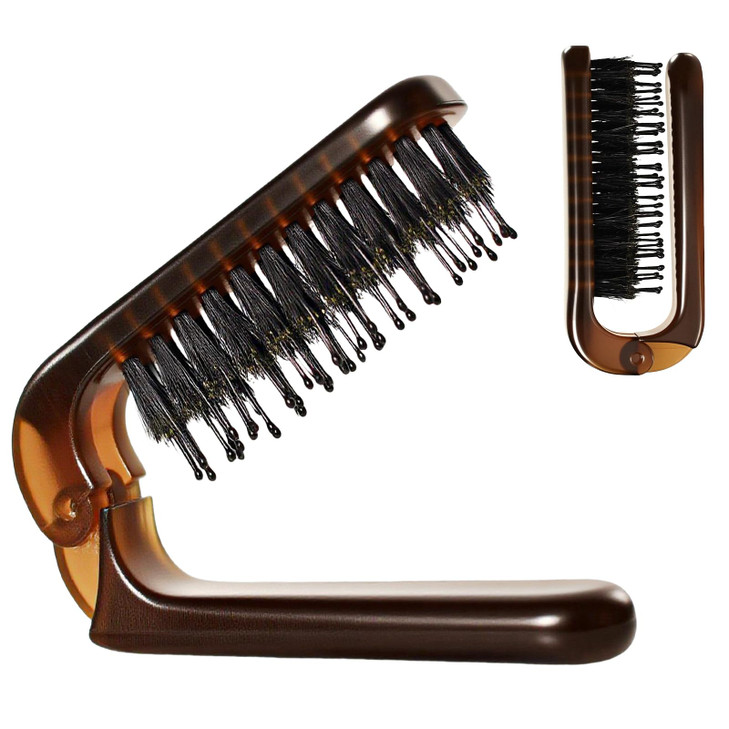 Sunher Folding Travel Hair Brush Mini Boar Bristle For Pocket Purse