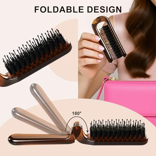 Sunher Folding Travel Hair Brush Mini Boar Bristle For Pocket Purse