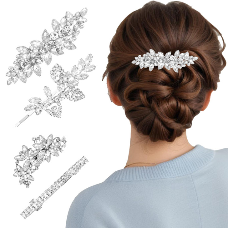 Nogeqi 4Pcs Rhinestone Hair Clips Sparkly Silver Barrettes For Bridal Wedding Hair Accessories Decorative Flower Diamond Crystal Hairpins
