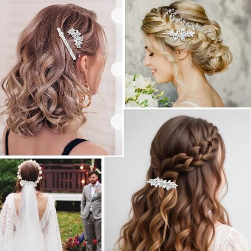 Nogeqi 4Pcs Rhinestone Hair Clips Sparkly Silver Barrettes For Bridal Wedding Hair Accessories Decorative Flower Diamond Crystal Hairpins