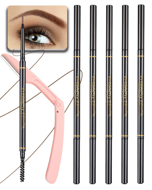 Sumeitang Dark Brown Eye Brow Pencils For Women 6Pcs Waterproof Eyebrow Pencil 1.5Mm Micro Fine Tip And Spiral Brush With Brow Razors