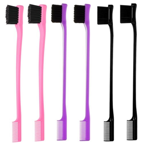 6Pack Double Sided Edge Control Hair Brush Pink Purple Black