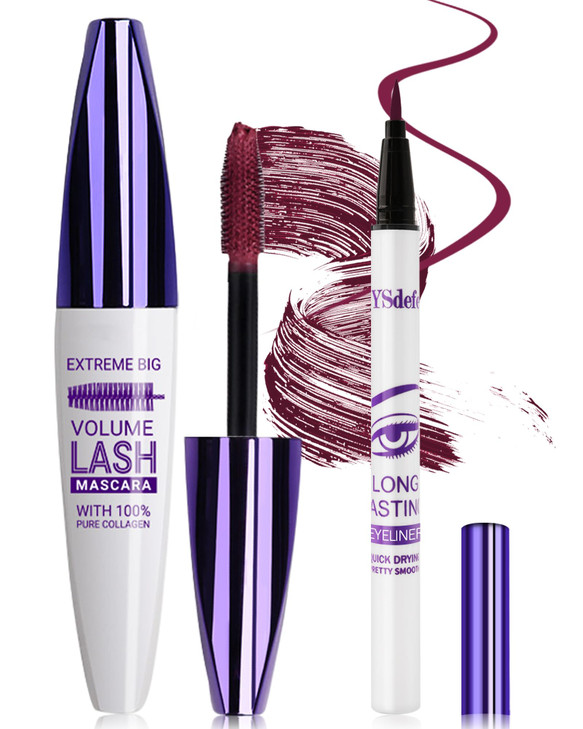 Burgundy Mascara Liquid Eyeliner Set Update Longlasting Waterproof Color Eye Liner Pen 5D Silk Fiber Colored Mascara Volume And Length