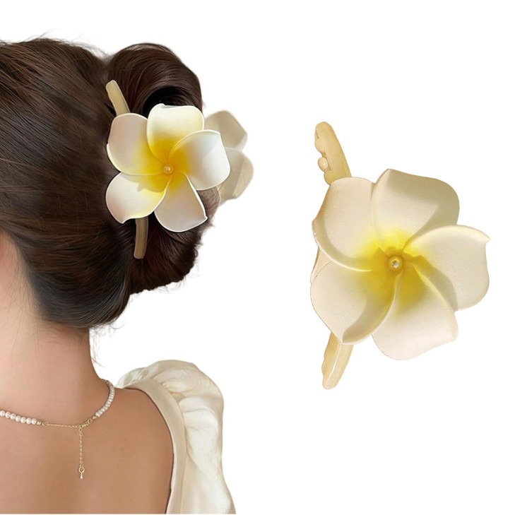 1 Pcs Hawaiian Fake Flower Hair Clips For Women Foam Plumeria Flower Plastic Large Hair Claw Clips For Thin Thick Hair Accessory Wedding