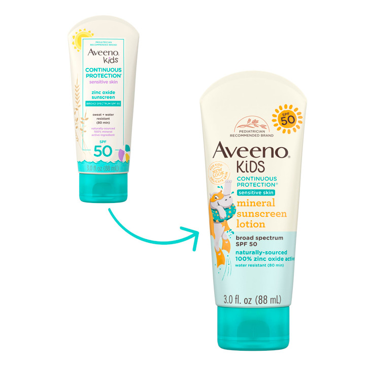 Aveeno Kids Continuous Protection Zinc Oxide Mineral Sunscreen Lotion for Children's Sensitive Skin with Broad Spectrum SPF 50, Tear-Free, Sweat- & W