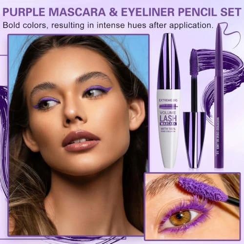Aoazxbb Purple Mascara And Eyeliner Set 5D Colored Mascara For Eyelashes