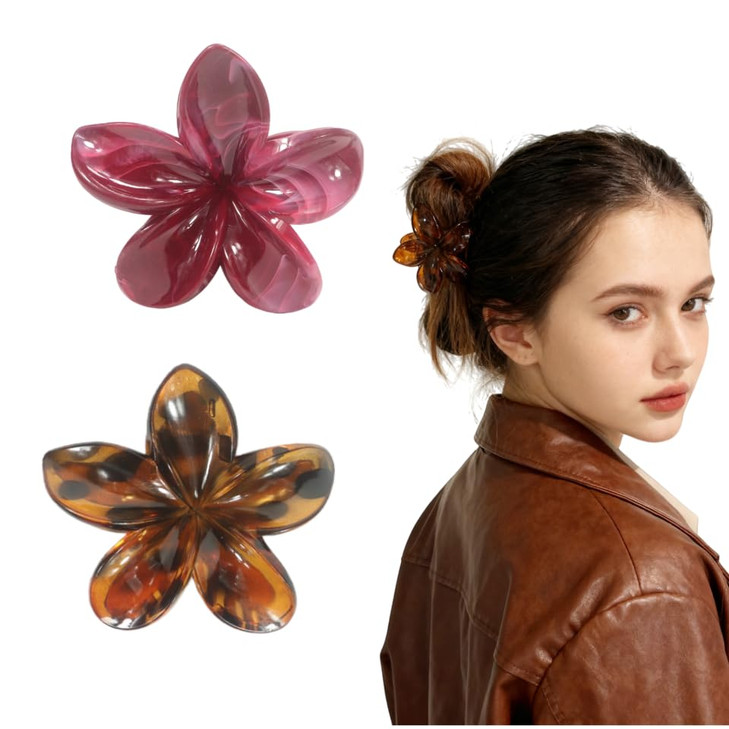 2Pcs Fancy Amber Leopard Prints And Red Ombre Plumeria Claw Clips Medium Hawaiian Flower Claws For Women Thin And Thick Hair Non Slip Hair