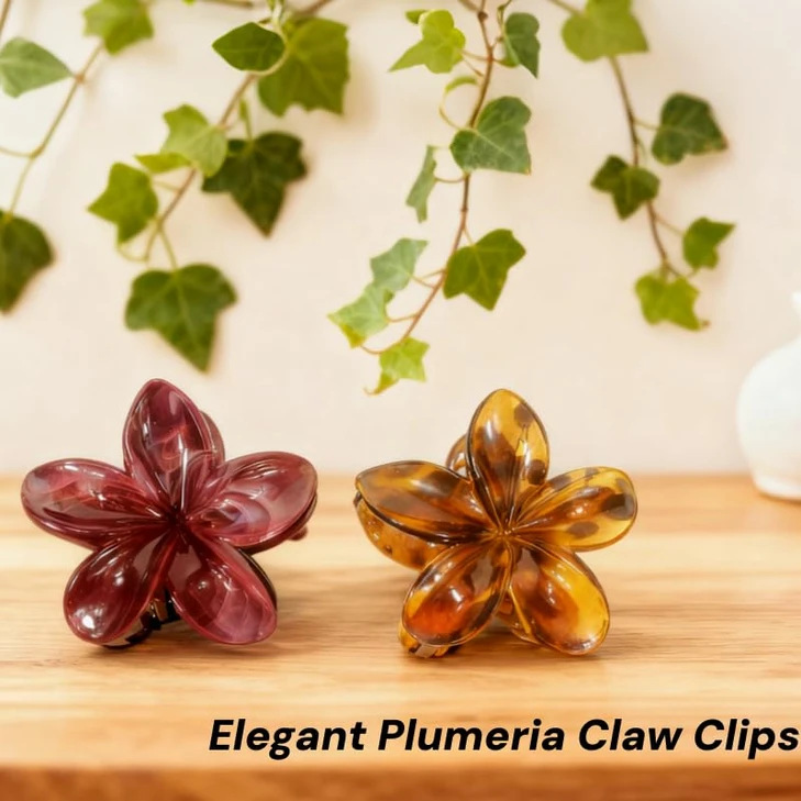 2Pcs Fancy Amber Leopard Prints And Red Ombre Plumeria Claw Clips Medium Hawaiian Flower Claws For Women Thin And Thick Hair Non Slip Hair