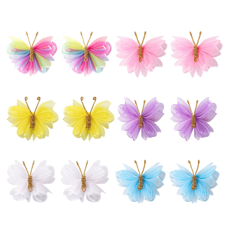 12Pcs 2 Butterfly Hair Clips For Girls And Kids 6 Colors Handmade Tulle Mesh Barrettes Colorful Non Slip Hair Accessories Perfect For Daily