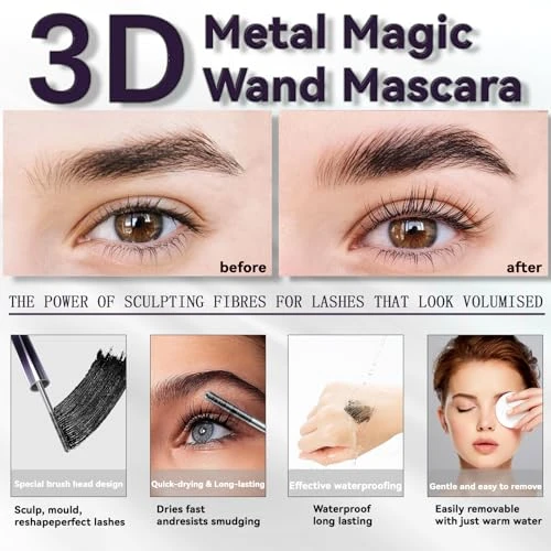 3D Curling Iron Wand Mascara 2 Pcs Metal Mascara Wand Black Washable Telescopic Tubingmascara Fiber Lash Extension Non Clumping Smudge Proof