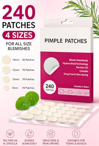 Hydrocolloid Pimple Patches For Face 240 Counts Invisible Acne Spot Patches With Tea Tree And Centella 4 Sizes For Teens And Adults