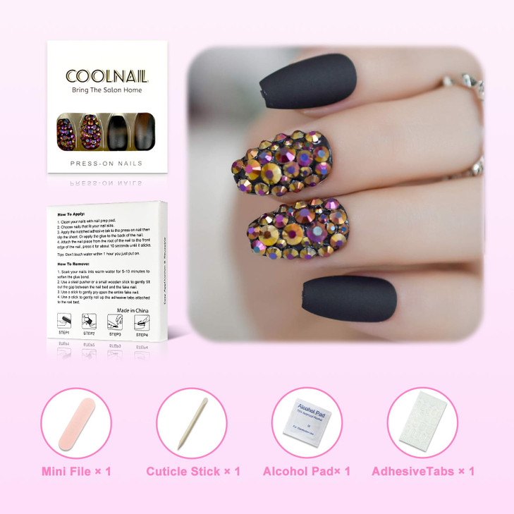 Coolnail 3D Press On Nails Rose Black Bling Gems Matte Stiletto Fake False Nails Almond Frosted Oval Short Pointed Full Cover Faux Ongles