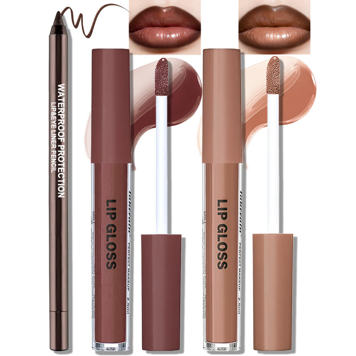 Wugbc Nourishing Lip Kit 2 Colors Lip Gloss Set With Brown Lip Liner High Shine Moisturizing Liquid Lipstick Contour Pencil Lightweight Non