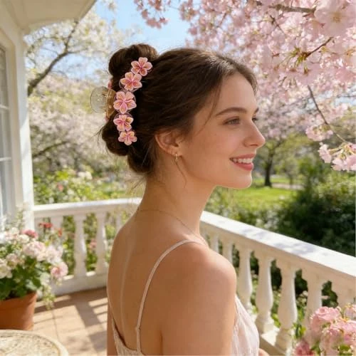 Wrbajis Cherry Blossom Hair Clips Pink Flower Hair Claw Clips Elegant Floral Claw Clip Strong Hold Cherry Blossoms Hair Accessories For
