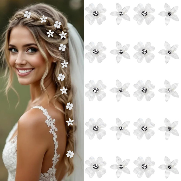 Pcwbcn 20Pcs Mini White Rhinestone Flower Hair Clips For Women Girls