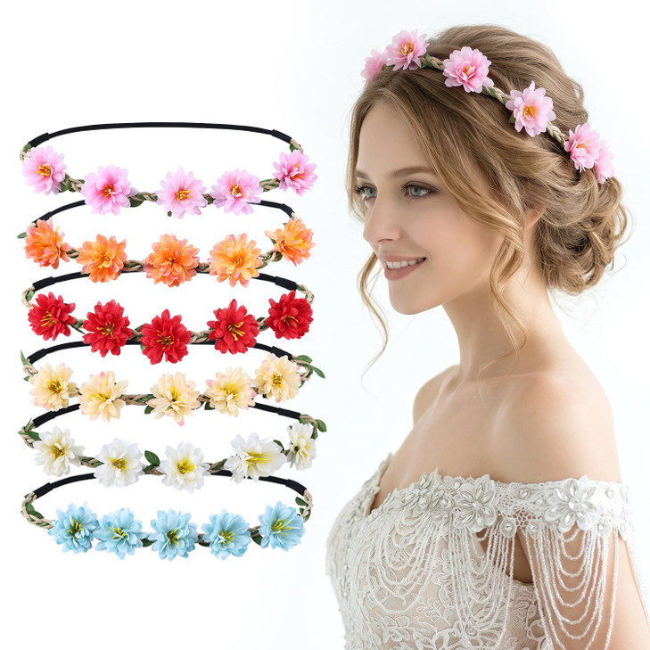 Ownoxy Flower Crown For Women Girls 6 Pcs Flower Headpiece Boho Floral Headband For Wedding Birthday Festival Party Photo Shoot And Daily