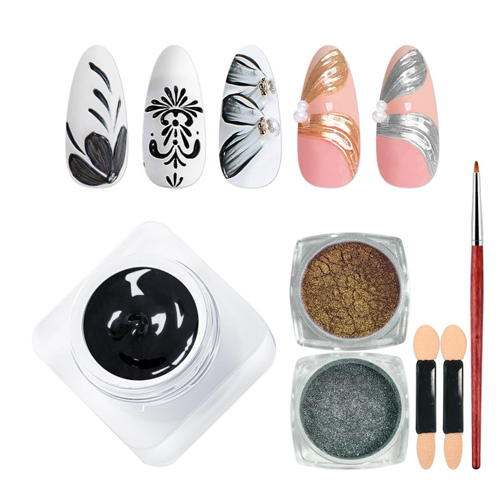 U Shinein Black Mirco Sculpture Painting Nail Gel With Chrome Nail Powder
