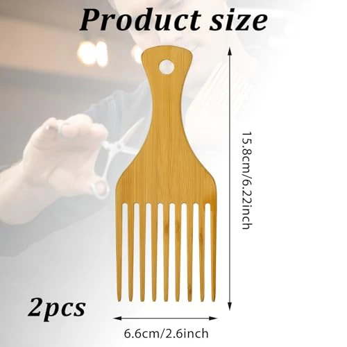 2 Pack Bamboo Afro Hair Pick Comb Set Natural Anti Static Wide Tooth Detangling Combs For Curly Thick Long Hairs 9 Teeth Wooden Hair Picks