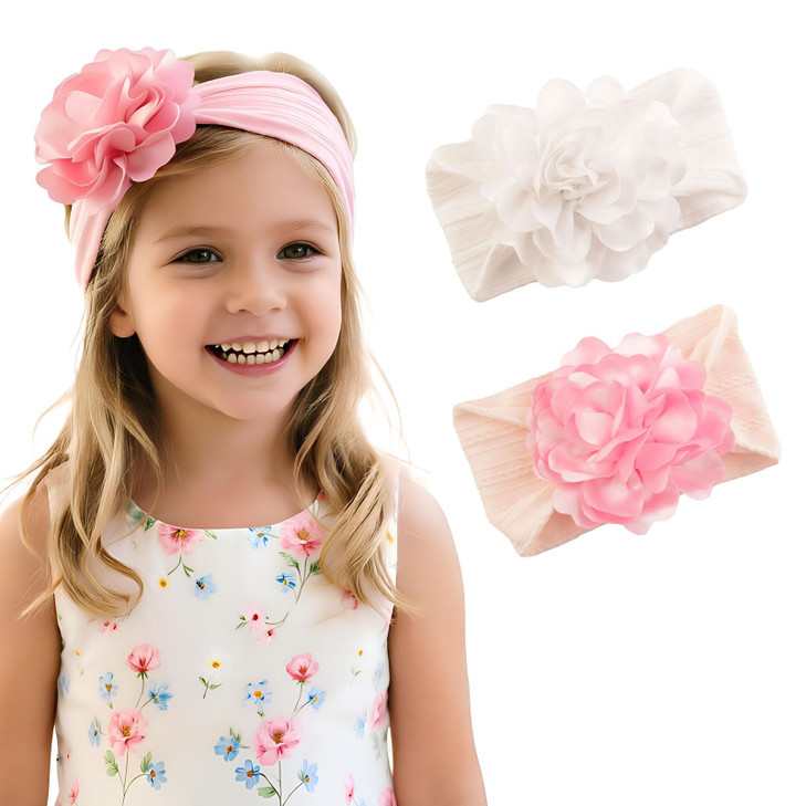 Nuosyi 2Pcs Baby Girls Flower Headbands Soft Nylon Hairbands Handmade Hair Accessories For Kids Toddlers Infants Newborn Child White And