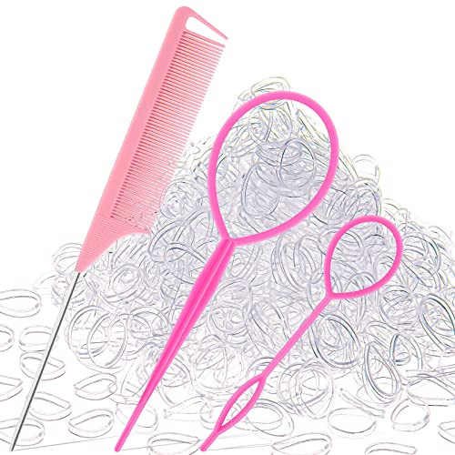 1000Pcs Hair Rubber Bands Soft Small Hair Elastics For Girls And Women 2Pcs Topsy Tail Tools 1 Rat Tail Comb Pink Schembo