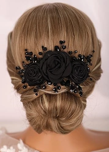 Kercisbeauty Sofe Chiffon Black Rose Flower Headband With Rhinestones Crystal Beads Women Girls Handmade Black Hair Jewelry Wedding Hair