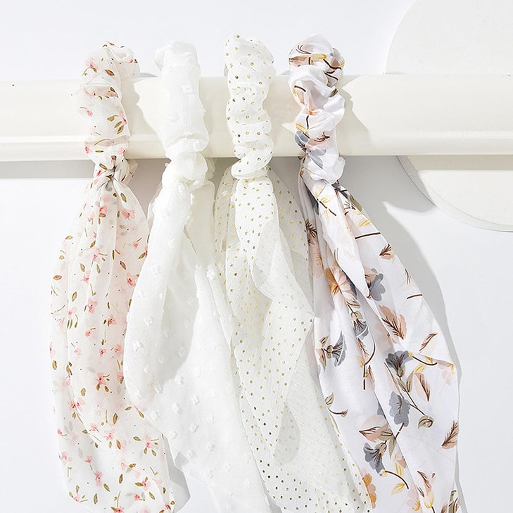 Fqyn 4Pcs Hair Scrunchies For Women Hair Scarf Scrunchies With Long Tails Knotted Bow Hair Ties Hair Ribbon White Elastic Hair Ties Hair