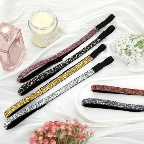 Glitter Headbands For Girls 6 Pcs Elastic Shiny Rhinestone Non Slip Athletic Running Sparkly Crystal Fabric Stretchy Workout Fashion Hair