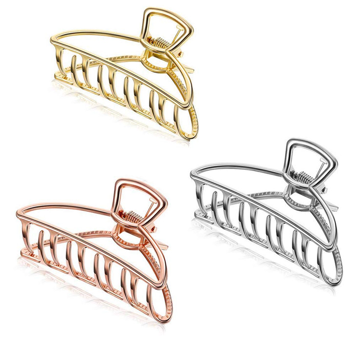 Emoly 3 Pack Large Metal Claw Clips Hollow Non-slip Hair Catch Jaw Clamp for Women Girls Hair Barrette for Fixing Hair (Silver&Gold&Rose Gold)
