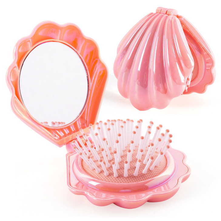 Iridescent Shell Folding Hair Brush With Mirror Compact Travel Size Mermaid Hair Brush For Purse Portable Brush Mini Pocket Mirror Massage