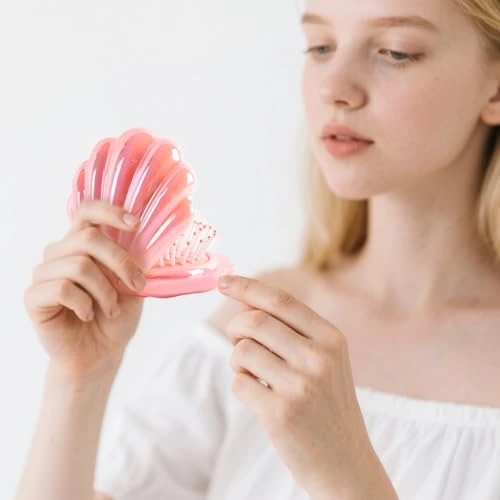 Iridescent Shell Folding Hair Brush With Mirror Compact Travel Size Mermaid Hair Brush For Purse Portable Brush Mini Pocket Mirror Massage