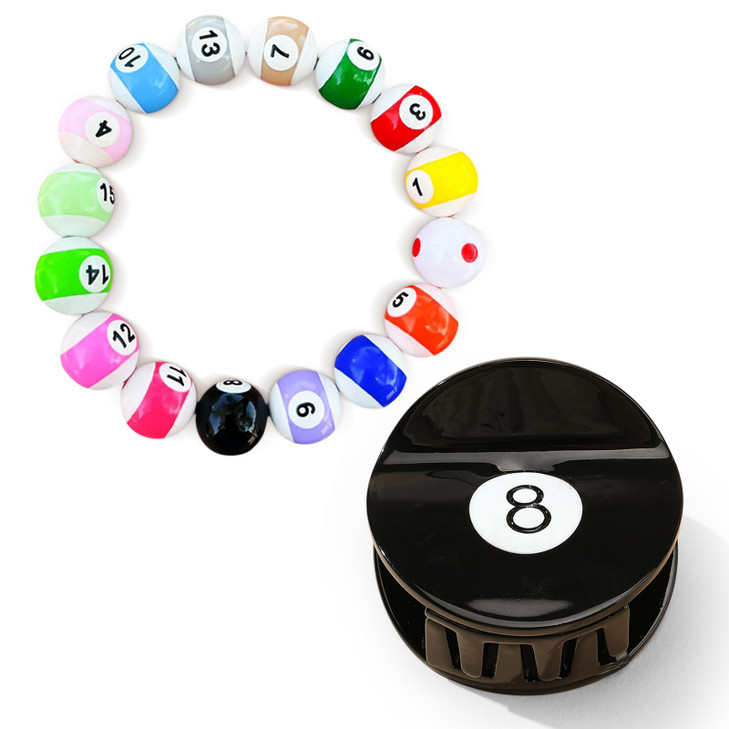 Billiard Ball Themed Acetate Hair Clip And Beaded Bracelet Set For Women Girls Billiards Enthusiasts Gift