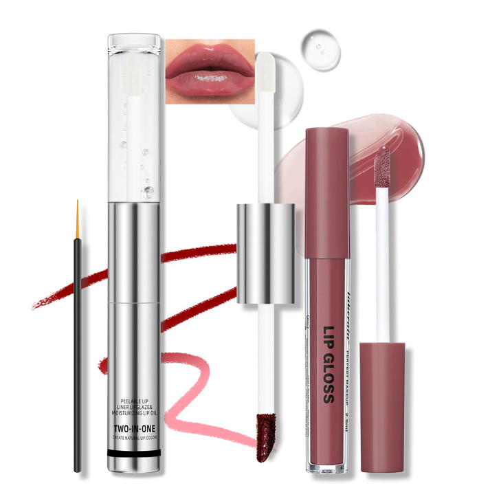 Hosaily Dual Ended Peel Off Lip Stain Liner Long Lasting Waterproof Peel Off Lip Liner Tattoo With Nourishing Clear Gloss Combo Set Transfer