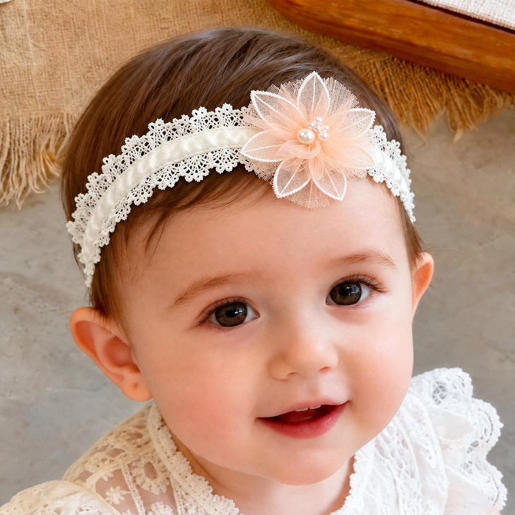 Ickeyou Baby Girl Hairbands Lace Handmade Stretchy Soft Flower Hairband Toddler Headbands With Pearls Hairbands For Infant Newborn Head Band
