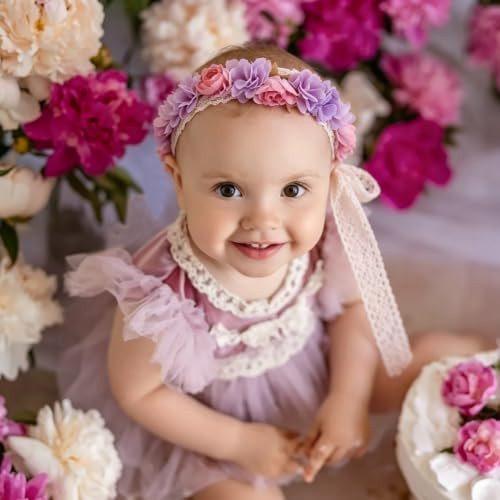 Cherrboll Girls Flower Headband Soft Elastic Floral Hair Crown For Baby Infant Toddler Adjustable Hairband With Cotton Lace Ribbon